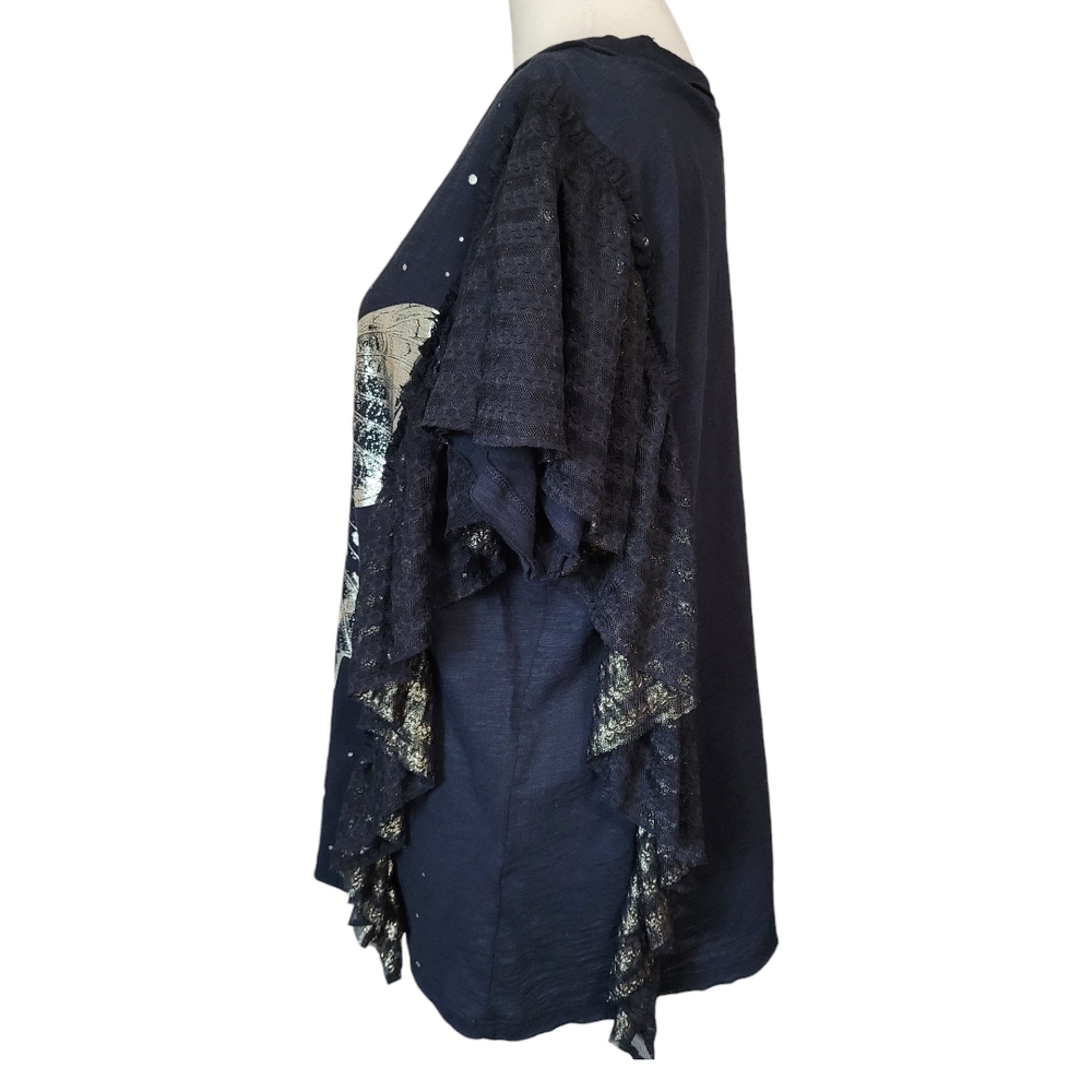Anthropologie Pilcro Solstice Butterfly Tee Black Gold Lace Flutter Sleeve S - Picture 7 of 15